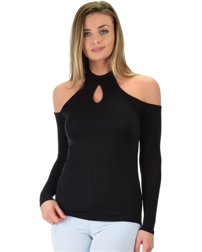 black keyhole cold shoulder long sleeve top